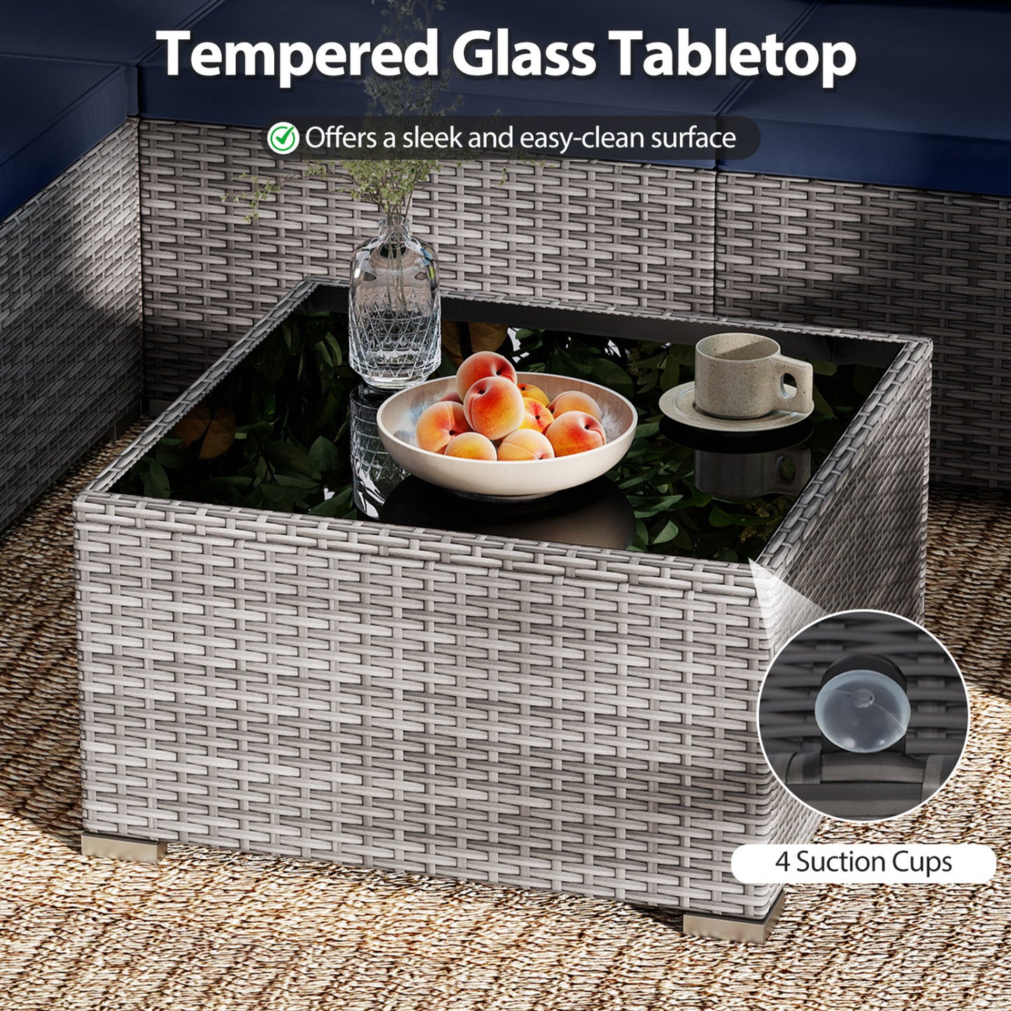 7 Piece PE Rattan Patio Set with Coffee Table, Navy