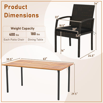 Ensemble de salle à manger en rotin pour terrasse 7 pièces, avec trou pour parasol, noir