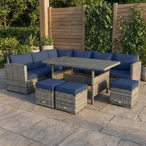 7 Piece Patio Rattan Dining Set, Sectional Sofa With Ottoman, Navy