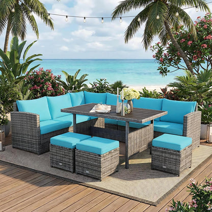 7-Piece Rattan Patio Dining Set, Sectional Sofa, Turquoise Outdoor Sectionals at Gallery Canada