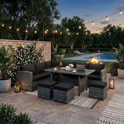 7-Piece Patio Rattan Dining Set, Sectional Sofa, Wicker Ottoman, Black Outdoor Sectionals at Gallery Canada
