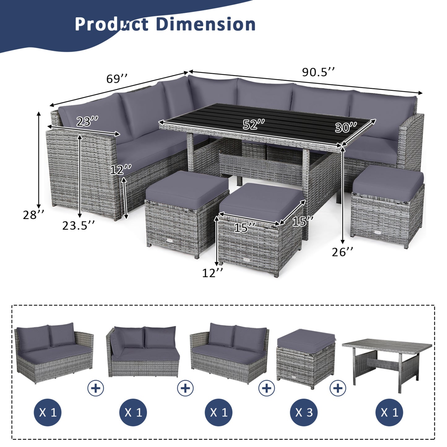 7 Piece Patio Rattan Dining Furniture Set, Sectional Sofa With Ottoman, Gray Outdoor Sectionals at Gallery Canada