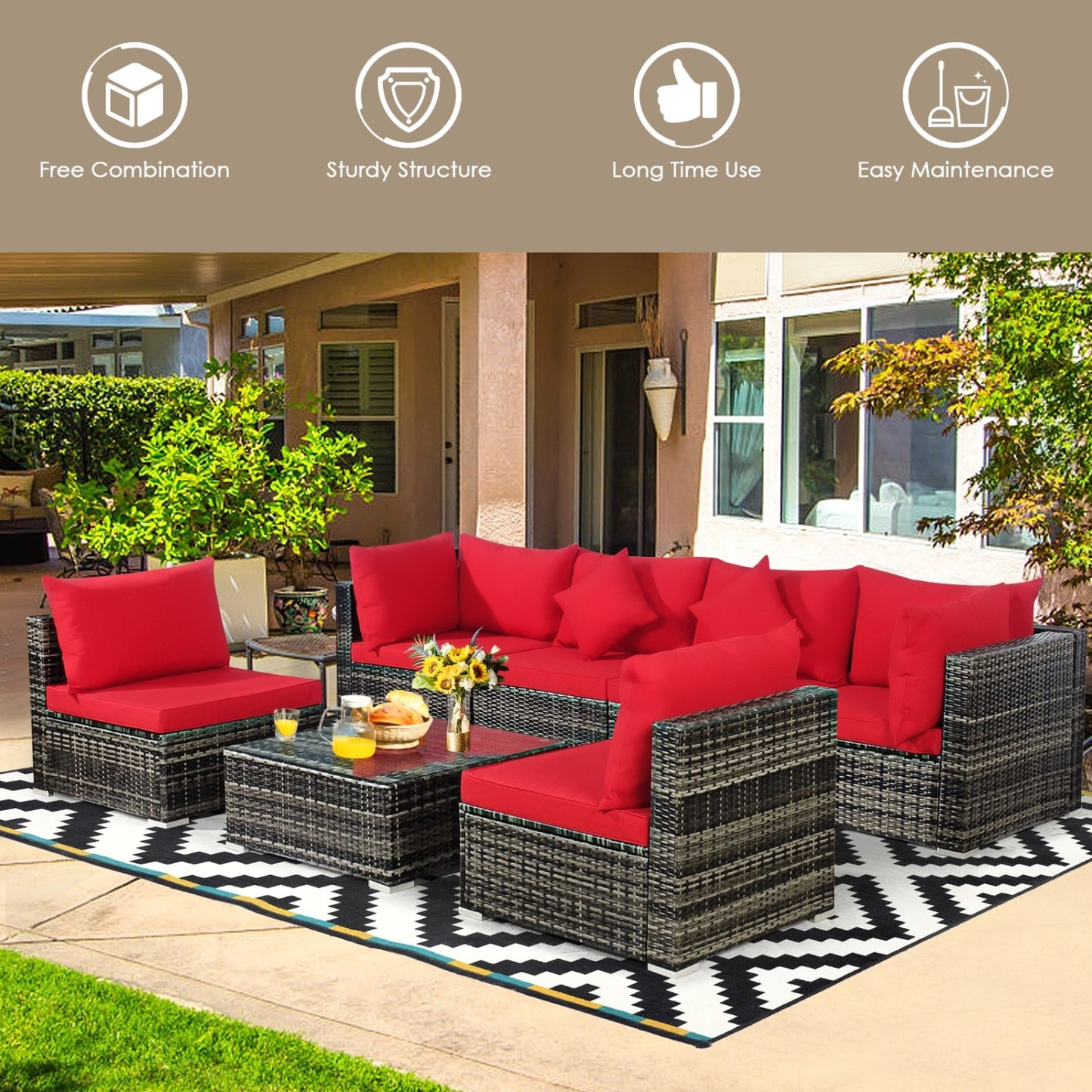 7-Piece Patio Rattan Furniture Set, Sectional Sofa, Red Outdoor Sectionals at Gallery Canada