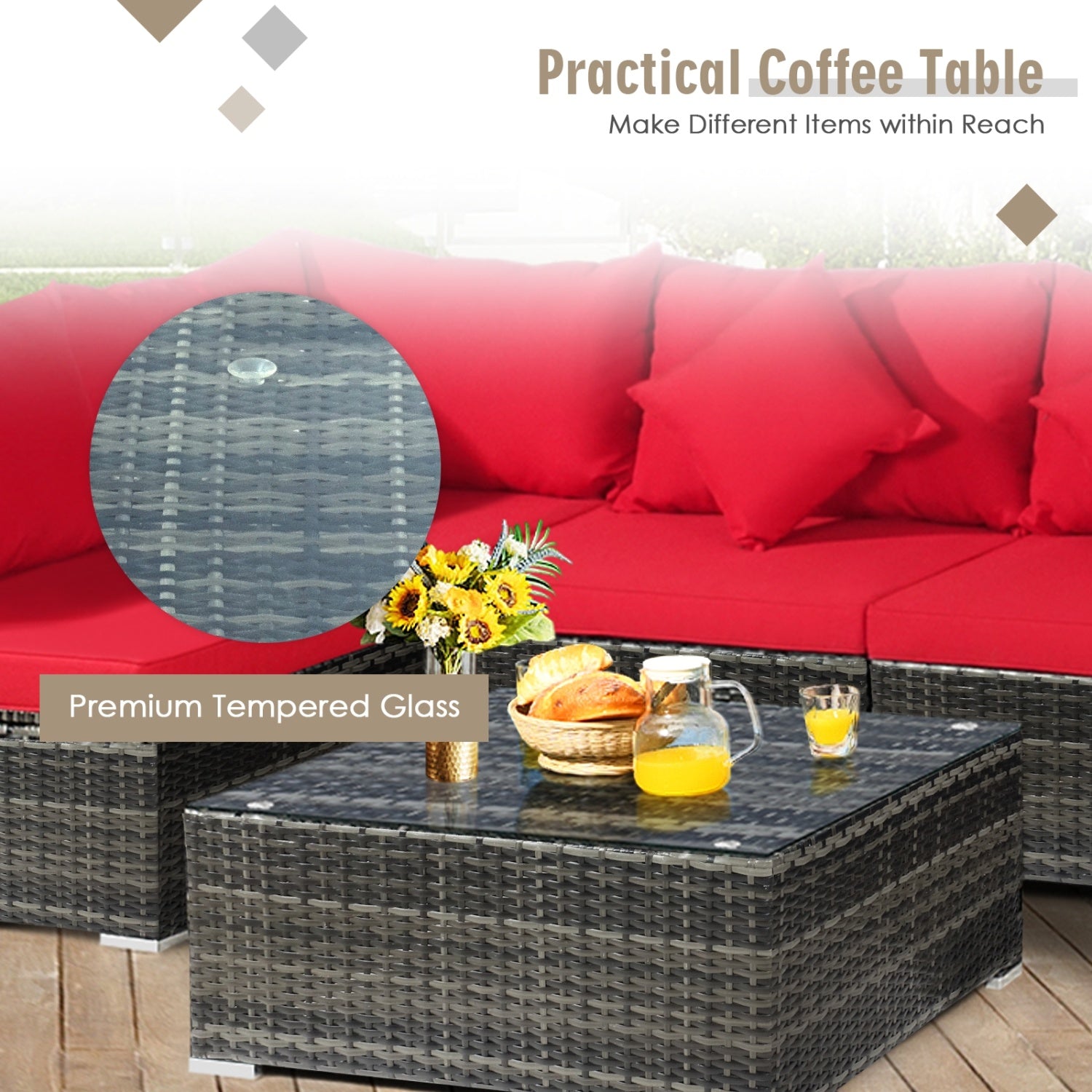 7-Piece Patio Rattan Furniture Set, Sectional Sofa, Red Outdoor Sectionals at Gallery Canada