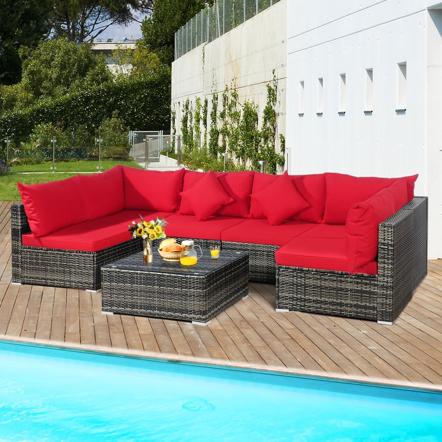 7-Piece Patio Rattan Furniture Set, Sectional Sofa, Red Outdoor Sectionals at Gallery Canada