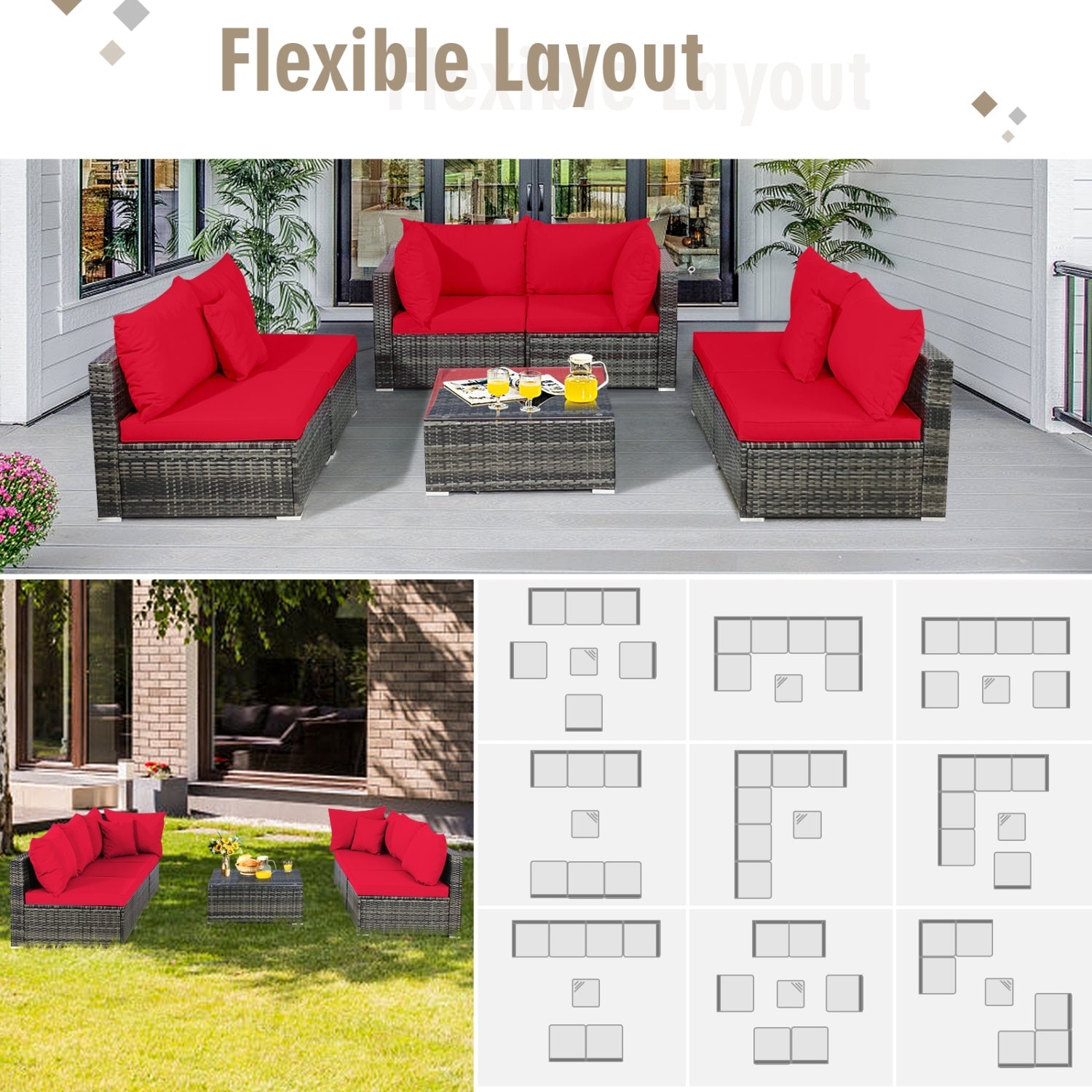 7-Piece Patio Rattan Furniture Set, Sectional Sofa, Red Outdoor Sectionals at Gallery Canada