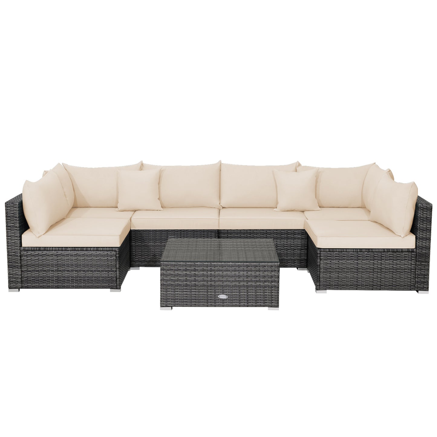 Ensemble de mobilier de patio en rotin 7 pièces, canapé d'angle avec coussins, beige