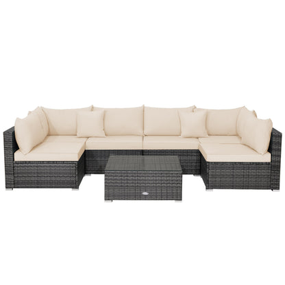 Ensemble de mobilier de patio en rotin 7 pièces, canapé d'angle avec coussins, beige