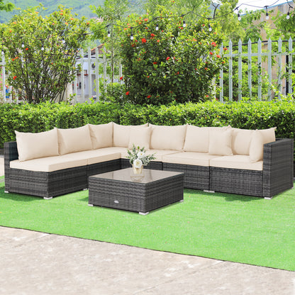 Ensemble de mobilier de patio en rotin 7 pièces, canapé d'angle avec coussins, beige