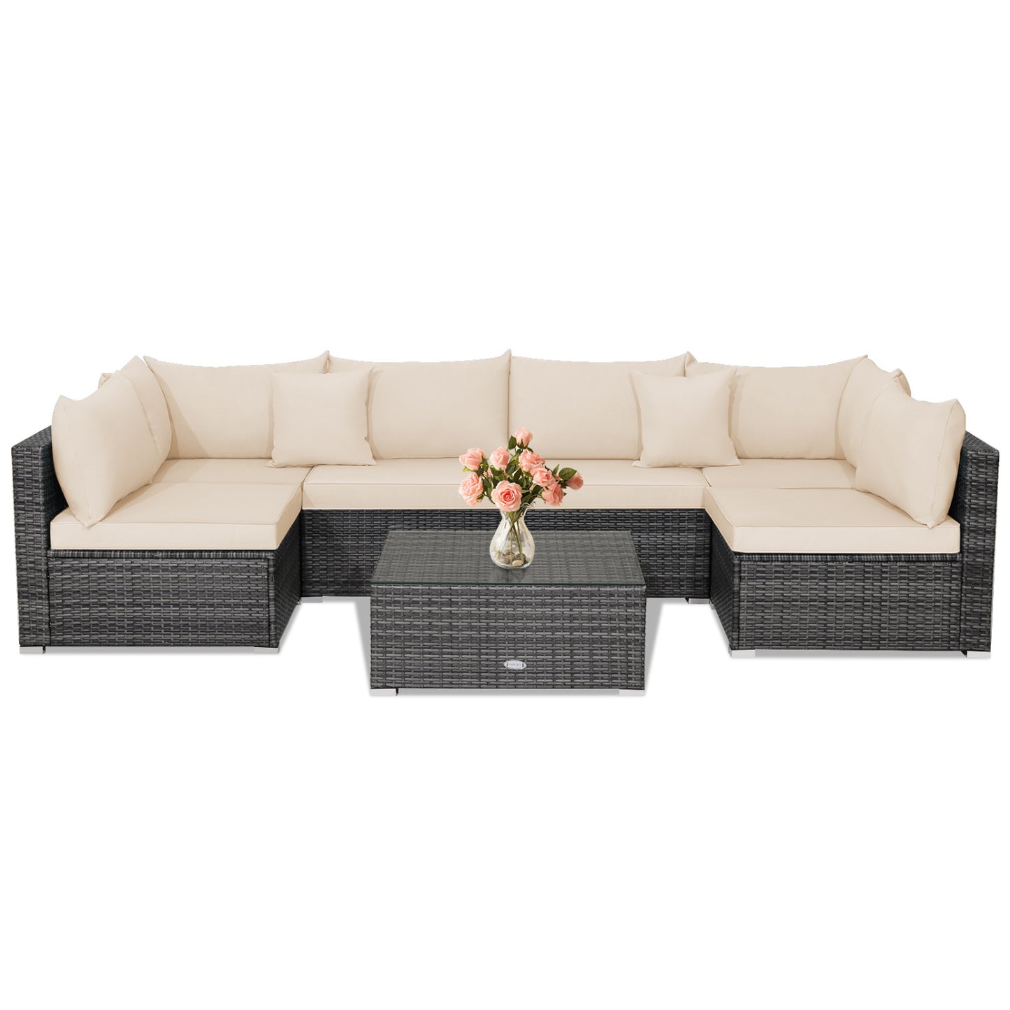 Ensemble de mobilier de patio en rotin 7 pièces, canapé d'angle avec coussins, beige