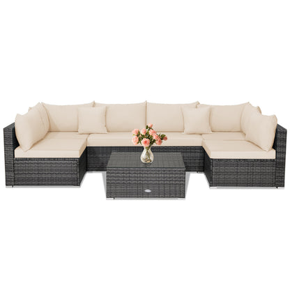 Ensemble de mobilier de patio en rotin 7 pièces, canapé d'angle avec coussins, beige