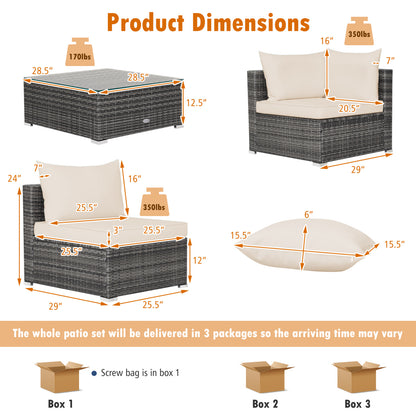 Ensemble de mobilier de patio en rotin 7 pièces, canapé d'angle avec coussins, beige
