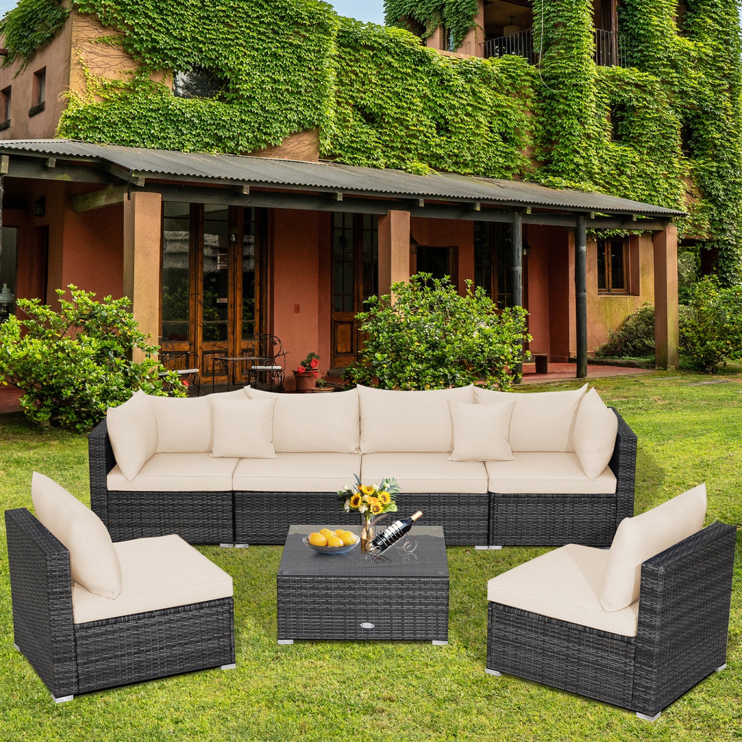 Ensemble de mobilier de patio en rotin 7 pièces, canapé d'angle avec coussins, beige