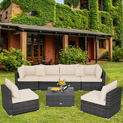 Ensemble de mobilier de patio en rotin 7 pièces, canapé d'angle avec coussins, beige
