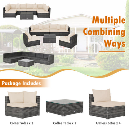 Ensemble de mobilier de patio en rotin 7 pièces, canapé d'angle avec coussins, beige
