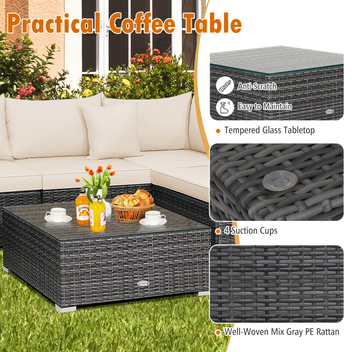 Ensemble de mobilier de patio en rotin 7 pièces, canapé d'angle avec coussins, beige