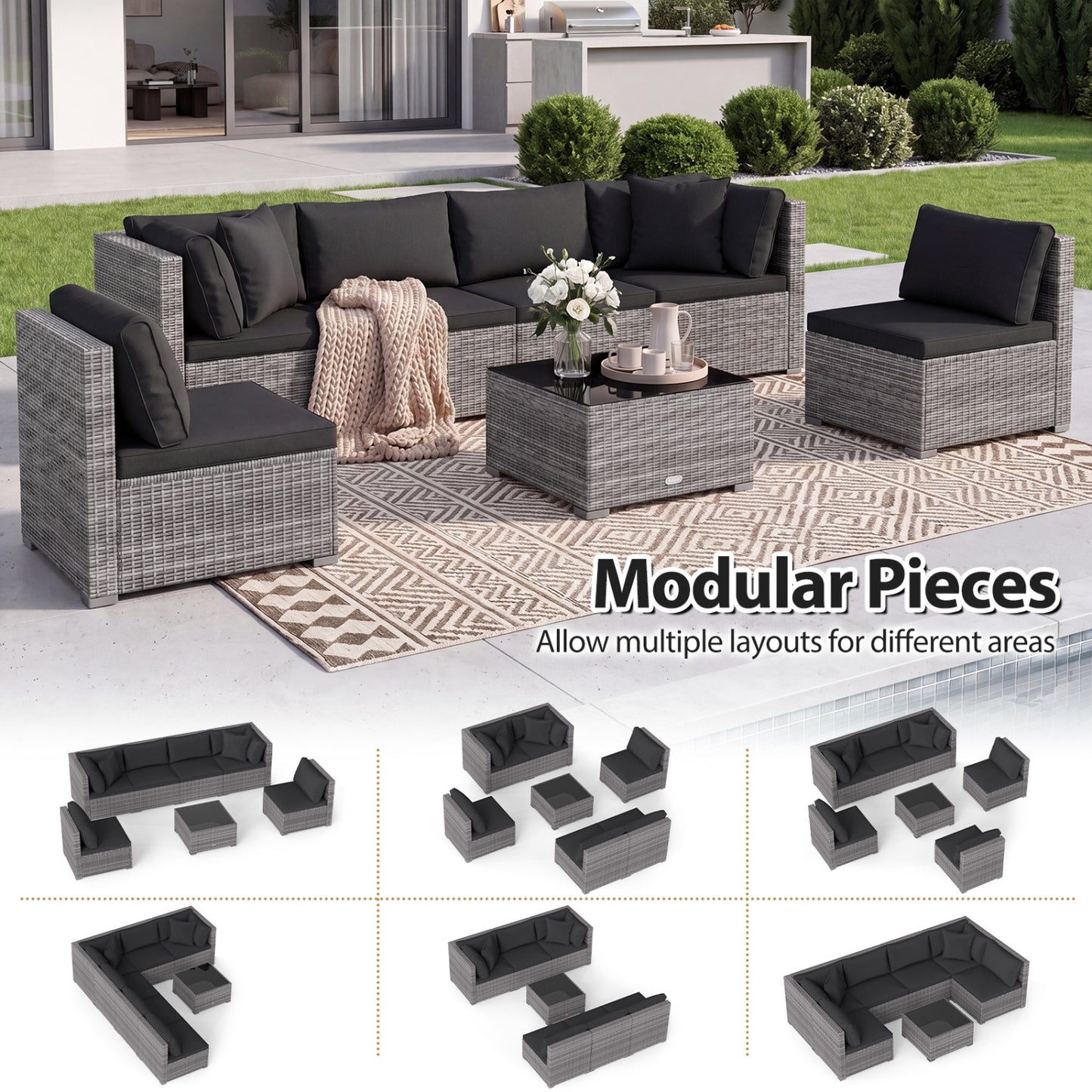 7 Piece Patio Rattan Furniture Set, Sectional Sofa, Black Outdoor Sectionals at Gallery Canada