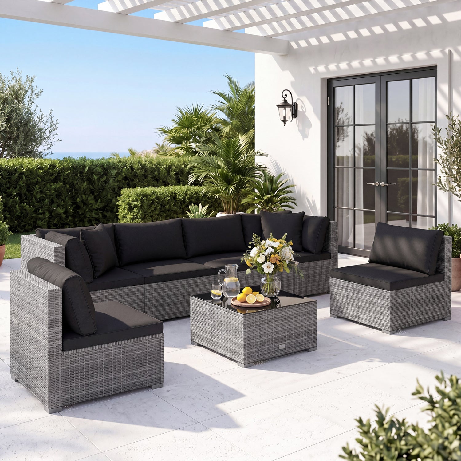 7 Piece Patio Rattan Furniture Set, Sectional Sofa, Black Outdoor Sectionals at Gallery Canada
