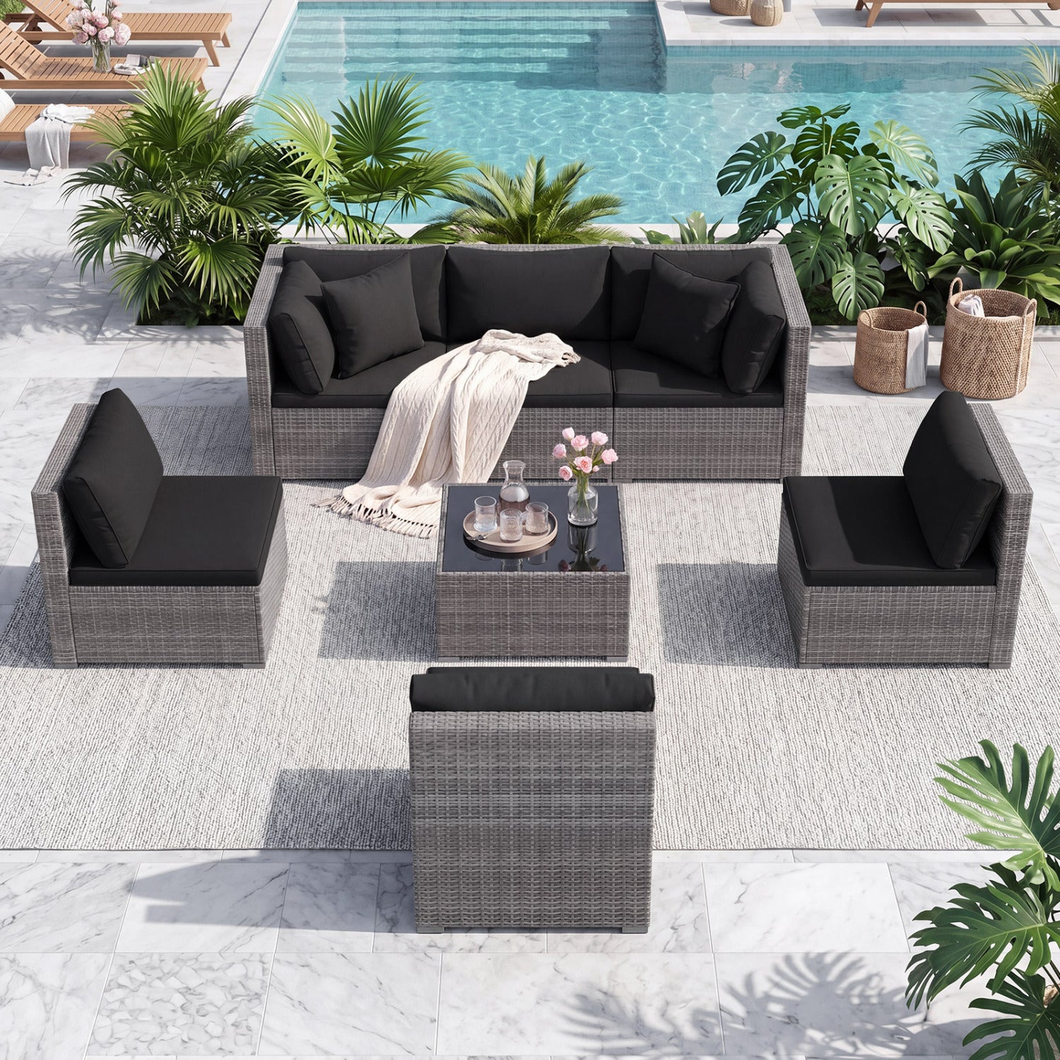 7 Piece Patio Rattan Furniture Set, Sectional Sofa, Black Outdoor Sectionals at Gallery Canada