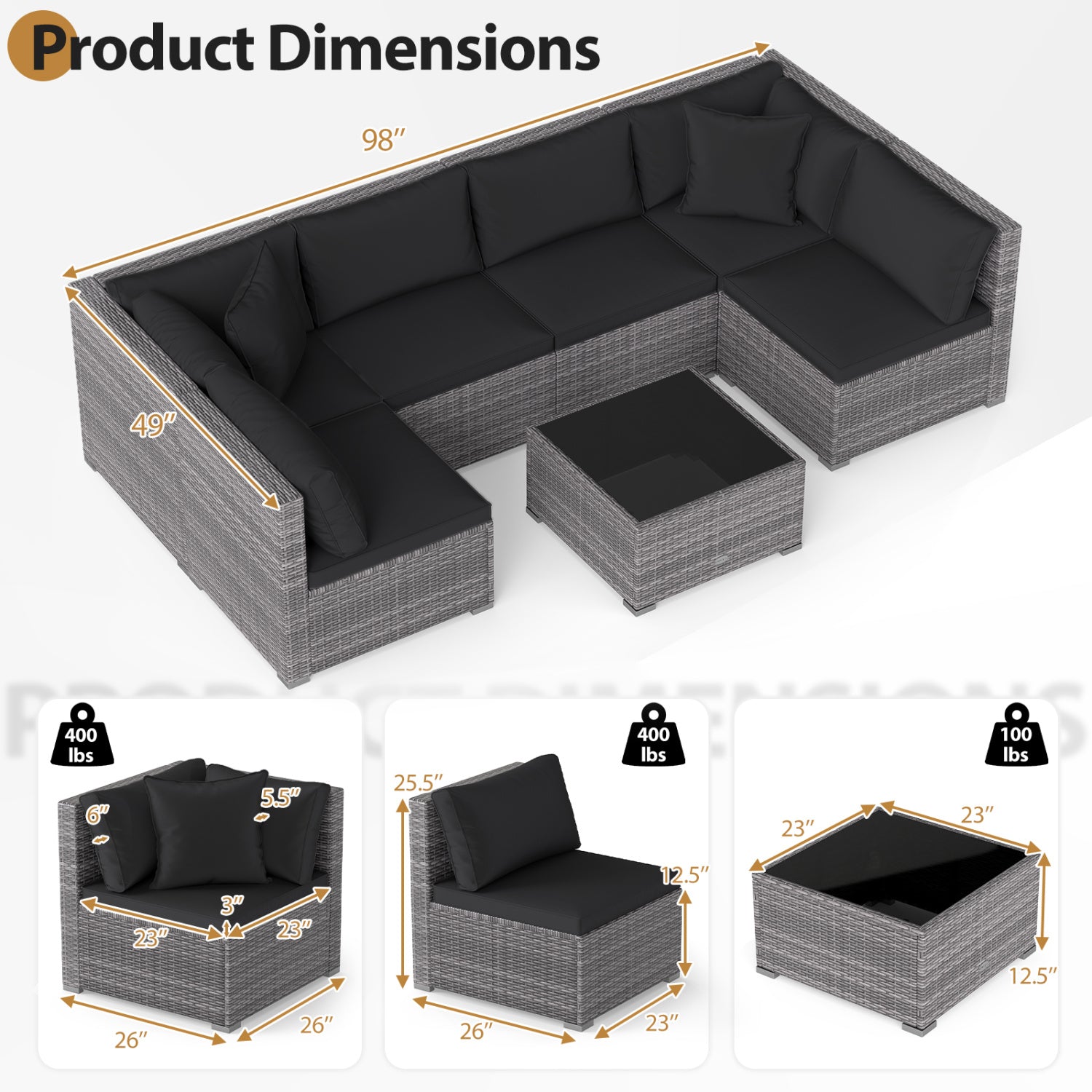 7 Piece Patio Rattan Furniture Set, Sectional Sofa, Black Outdoor Sectionals at Gallery Canada