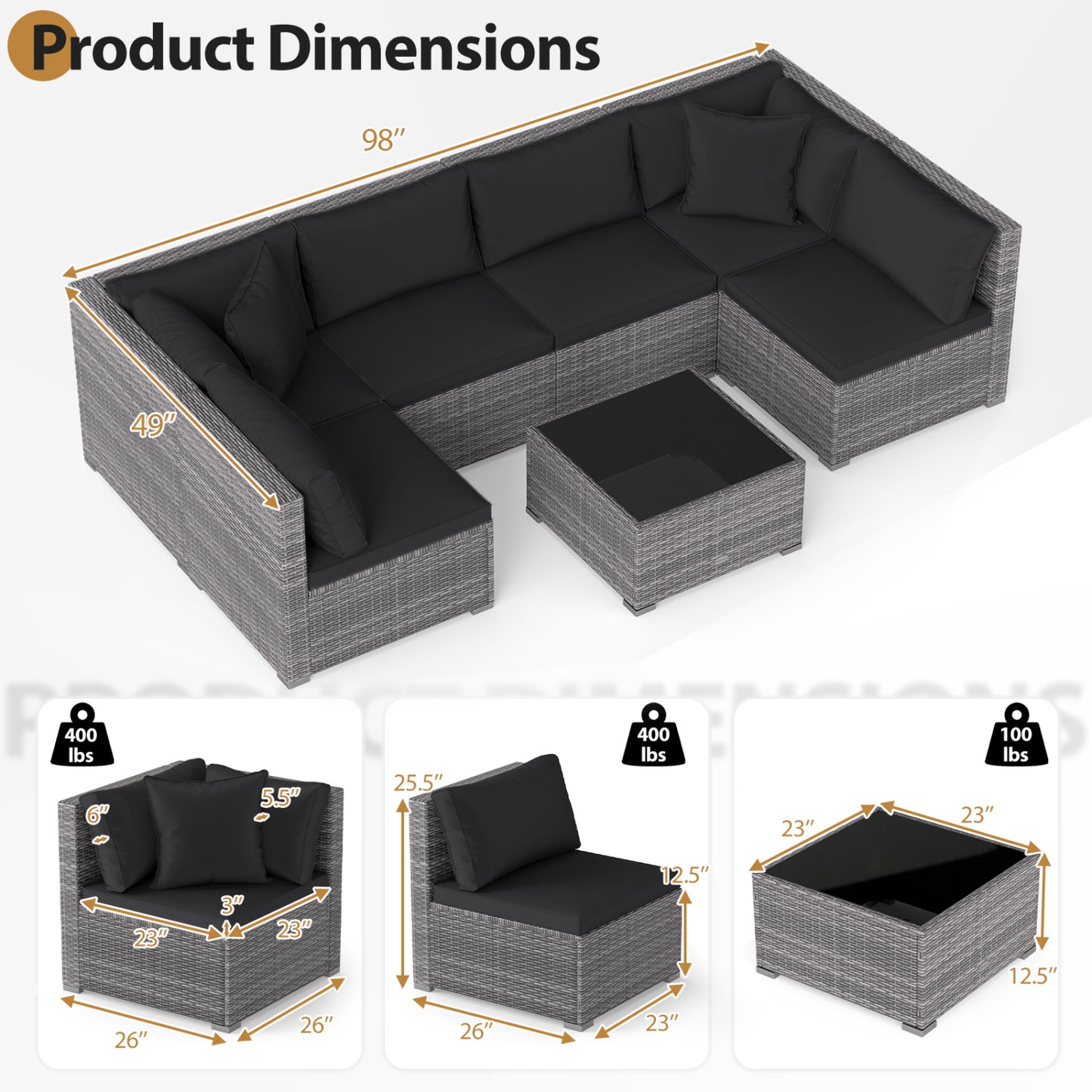 7 Piece Patio Rattan Furniture Set, Sectional Sofa, Black Outdoor Sectionals at Gallery Canada