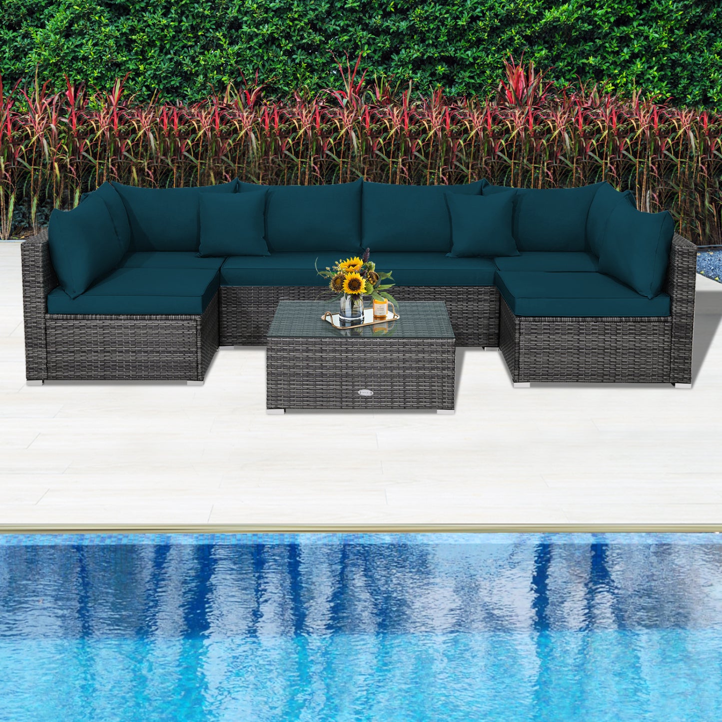 Ensemble de mobilier de patio en rotin 7 pièces, canapé d'angle, vert