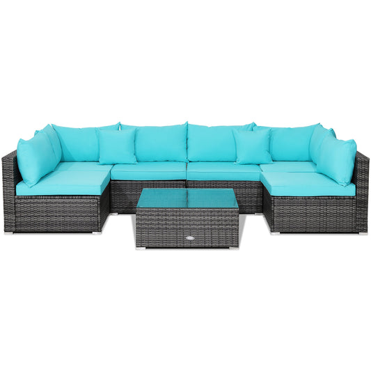 7 Piece Patio Rattan Furniture Set, Sectional Sofa Cushioned, Turquoise Outdoor Sectionals Turquoise at Gallery Canada