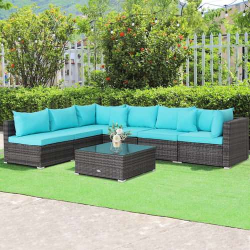7 Piece Patio Rattan Furniture Set, Sectional Sofa Cushioned, Turquoise