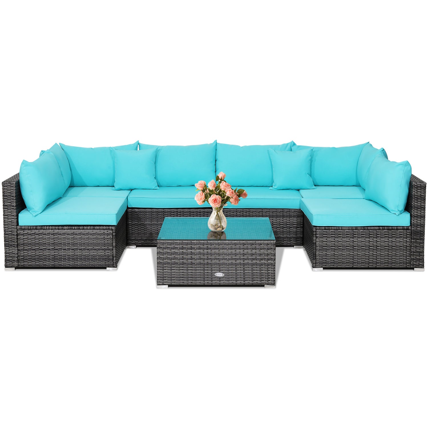7 Piece Patio Rattan Furniture Set, Sectional Sofa Cushioned, Turquoise Outdoor Sectionals at Gallery Canada