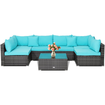 7 Piece Patio Rattan Furniture Set, Sectional Sofa Cushioned, Turquoise Outdoor Sectionals at Gallery Canada