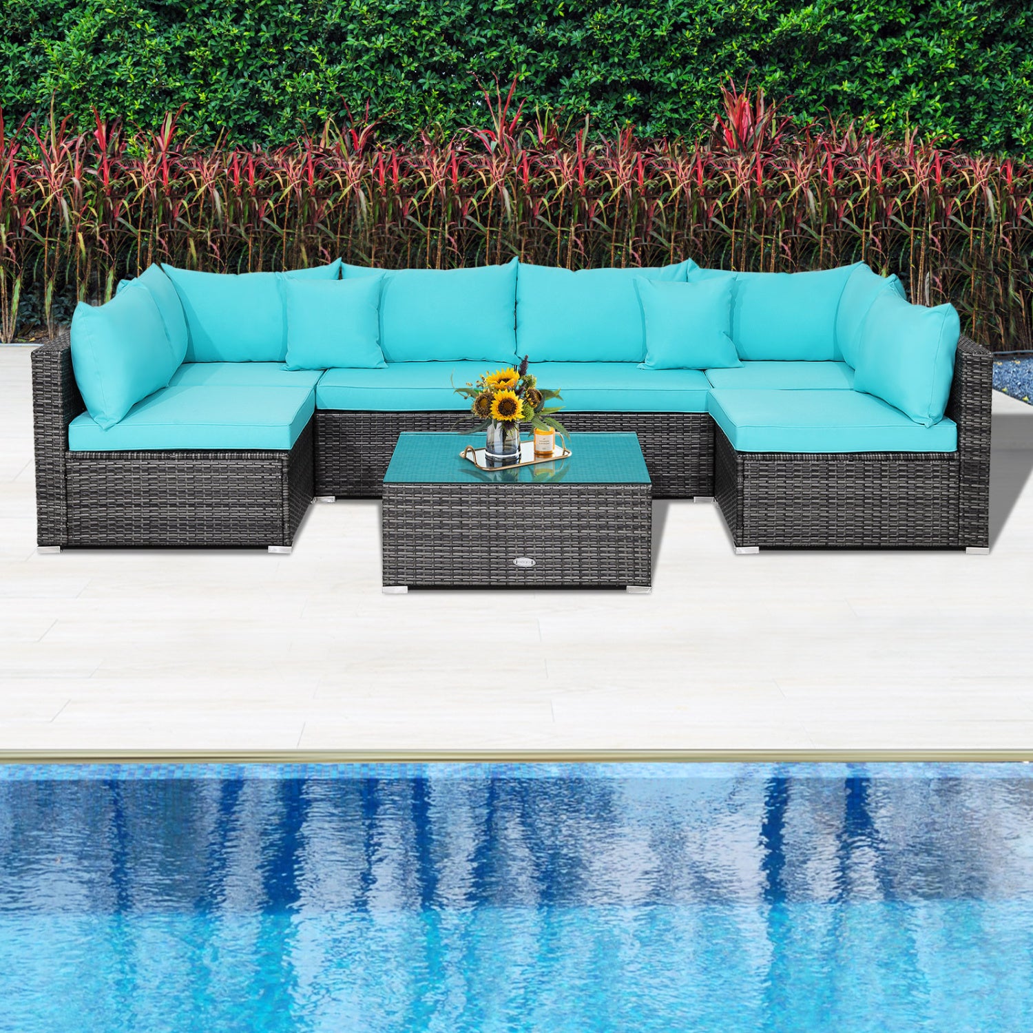 7 Piece Patio Rattan Furniture Set, Sectional Sofa Cushioned, Turquoise Outdoor Sectionals at Gallery Canada