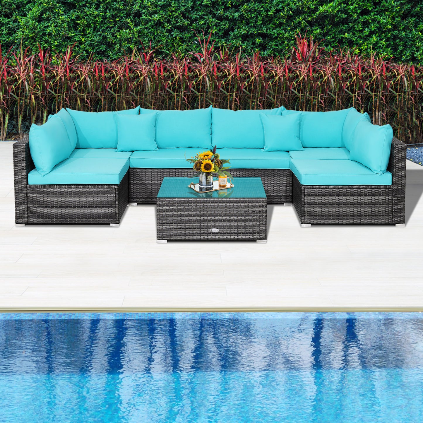 7 Piece Patio Rattan Furniture Set, Sectional Sofa Cushioned, Turquoise Outdoor Sectionals at Gallery Canada