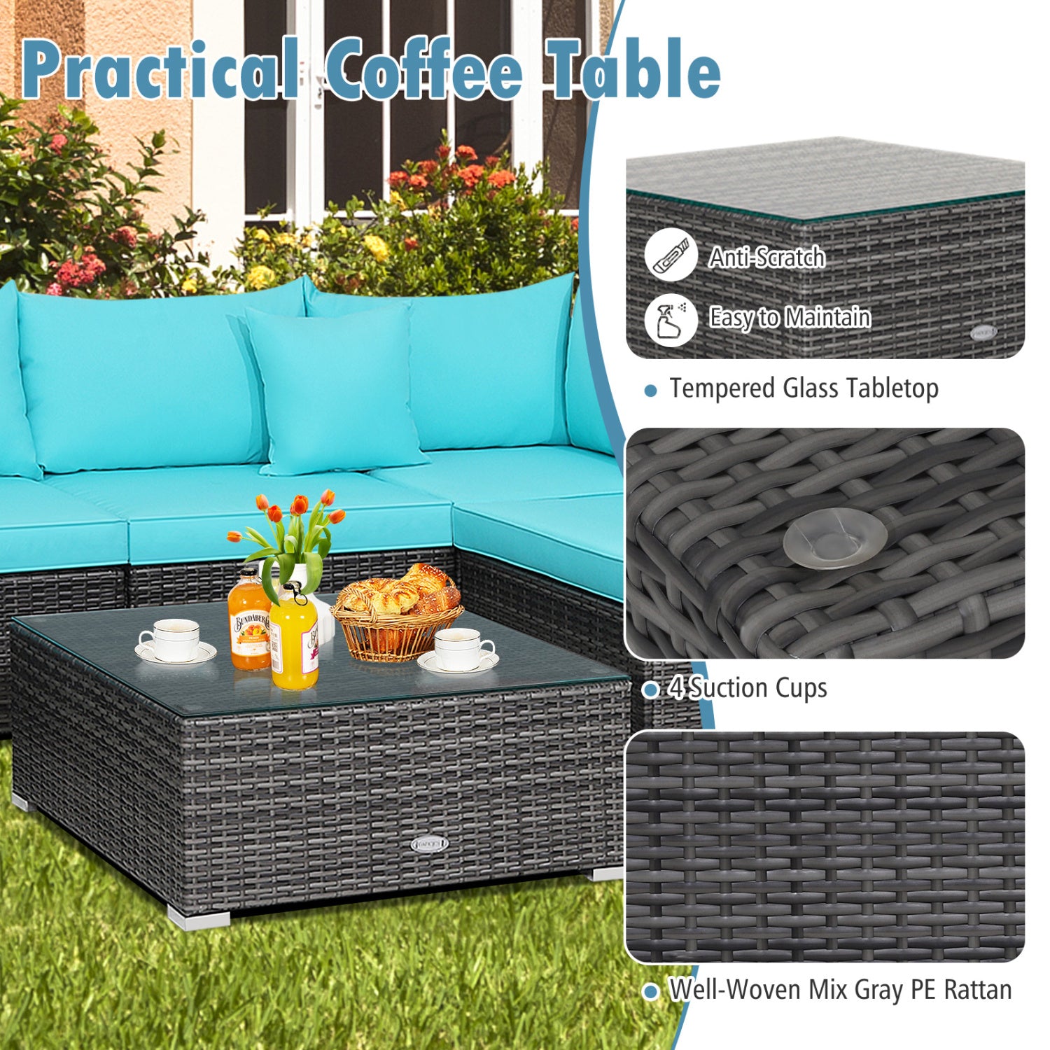 7 Piece Patio Rattan Furniture Set, Sectional Sofa Cushioned, Turquoise Outdoor Sectionals at Gallery Canada
