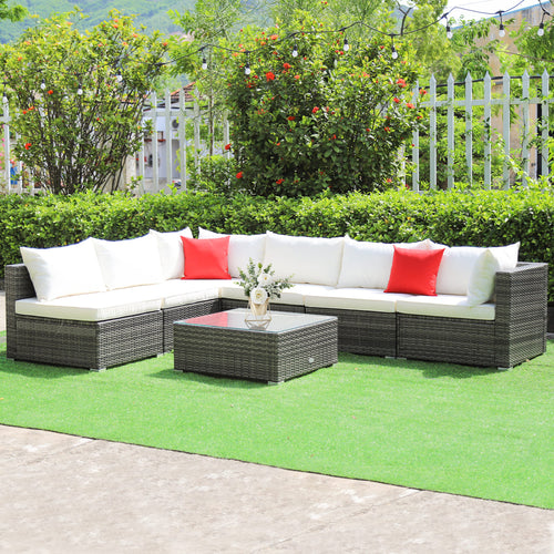 7-Piece Patio Rattan Furniture Set, Sectional Sofa, White