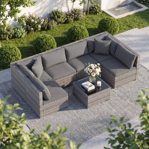 7-Piece Patio Rattan Furniture Set, Sectional Sofa, Gray