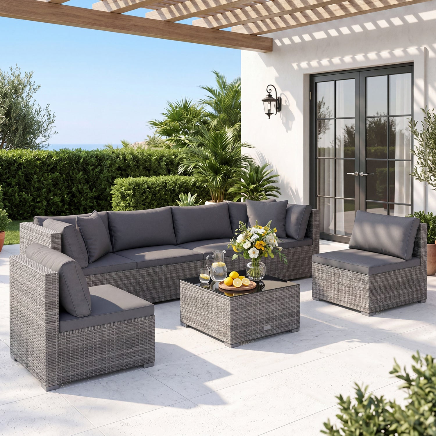 7-Piece Patio Rattan Furniture Set, Sectional Sofa, Gray Outdoor Sectionals at Gallery Canada