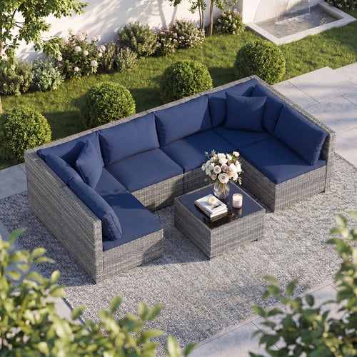 7-Piece Patio Rattan Furniture Set, Sectional Sofa, Navy