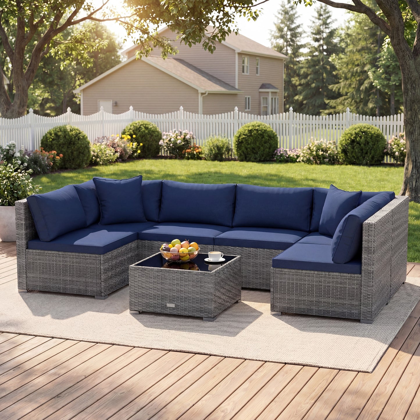7-Piece Patio Rattan Furniture Set, Sectional Sofa, Navy Outdoor Sectionals at Gallery Canada