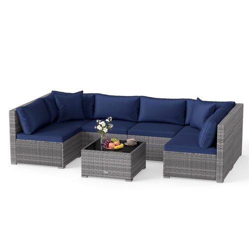 7-Piece Patio Rattan Furniture Set, Sectional Sofa, Navy