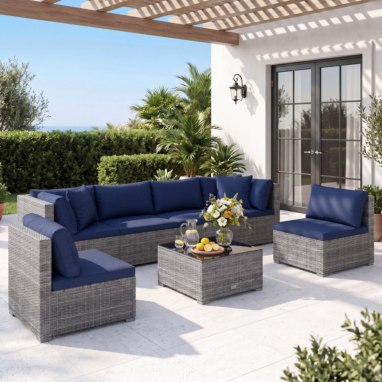 7-Piece Patio Rattan Furniture Set, Sectional Sofa, Navy Outdoor Sectionals at Gallery Canada