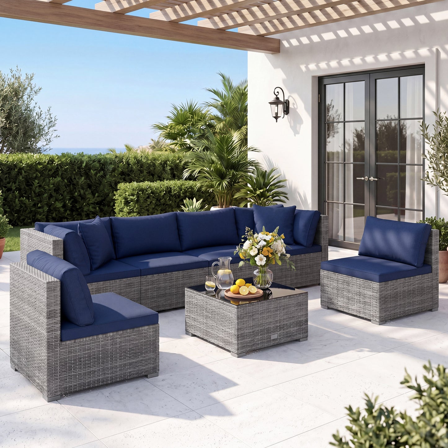 7-Piece Patio Rattan Furniture Set, Sectional Sofa, Navy Outdoor Sectionals at Gallery Canada