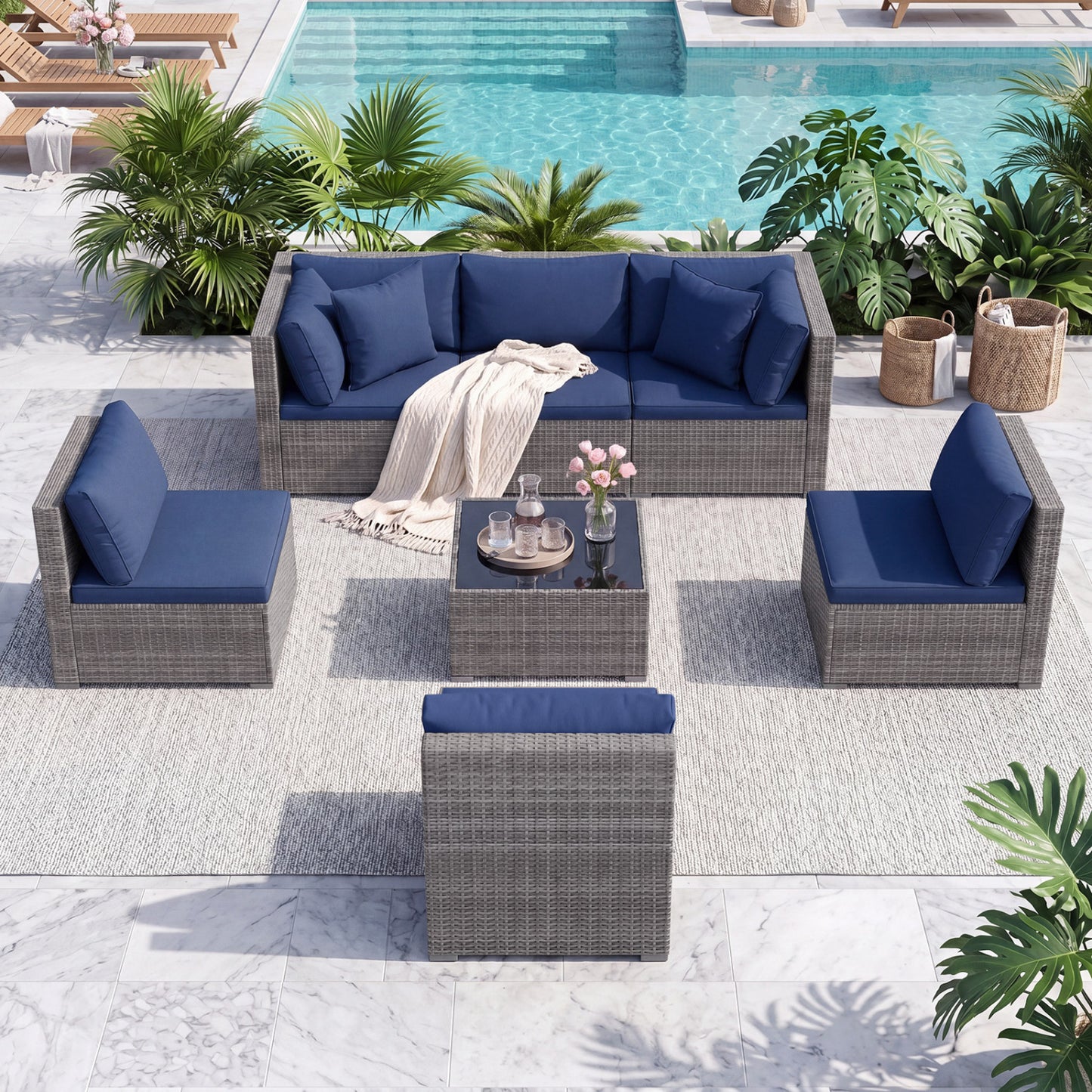 7-Piece Patio Rattan Furniture Set, Sectional Sofa, Navy Outdoor Sectionals at Gallery Canada