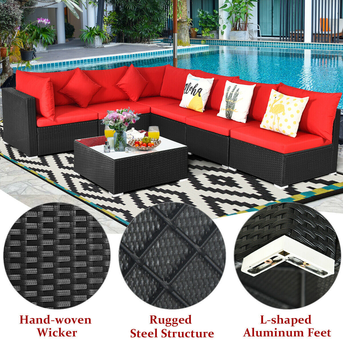 7-Piece Wicker Sectional Sofa Set, Tempered Glass Top, Red Outdoor Sectionals at Gallery Canada