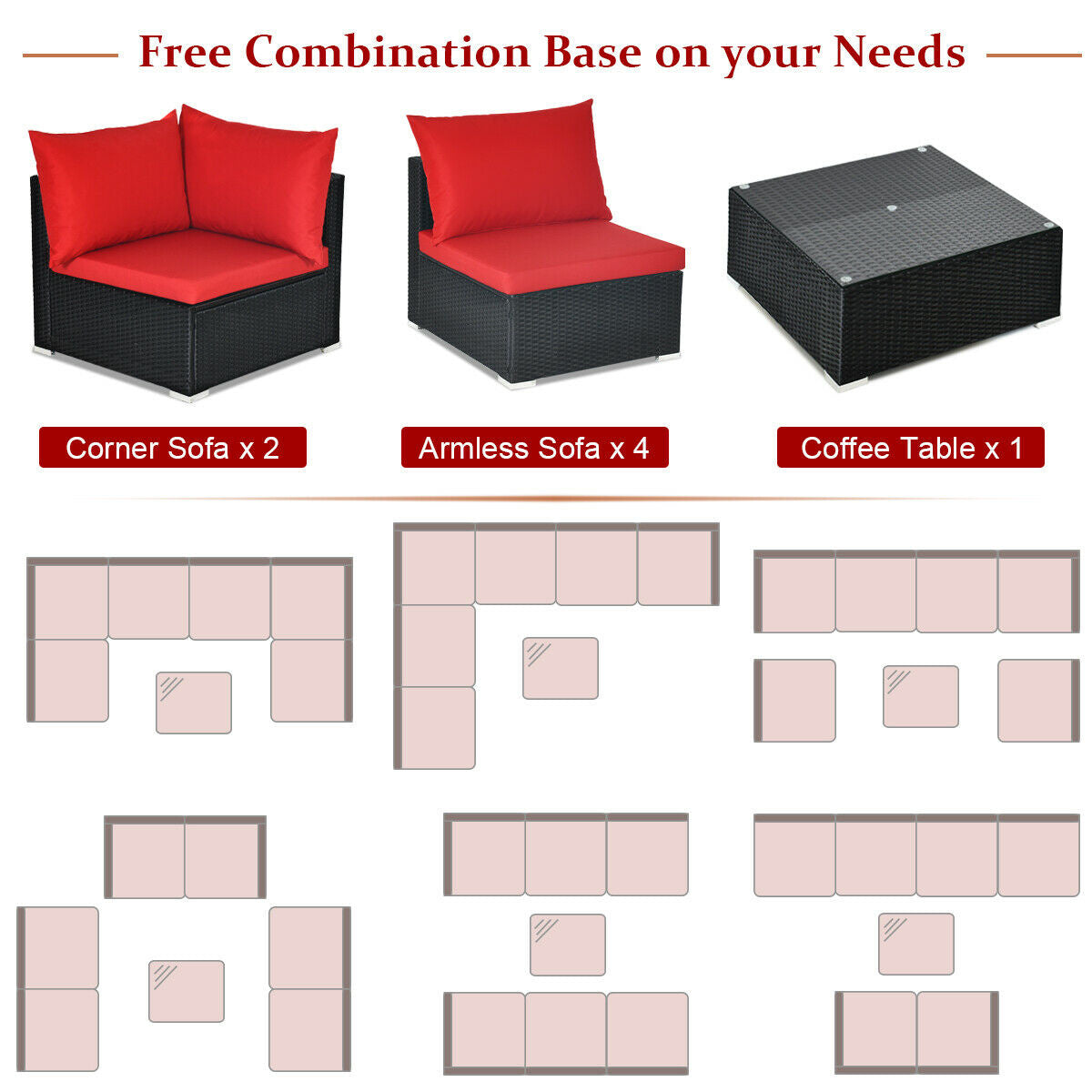 7-Piece Wicker Sectional Sofa Set, Tempered Glass Top, Red Outdoor Sectionals at Gallery Canada