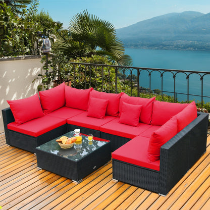 7-Piece Wicker Sectional Sofa Set, Tempered Glass Top, Red Outdoor Sectionals at Gallery Canada
