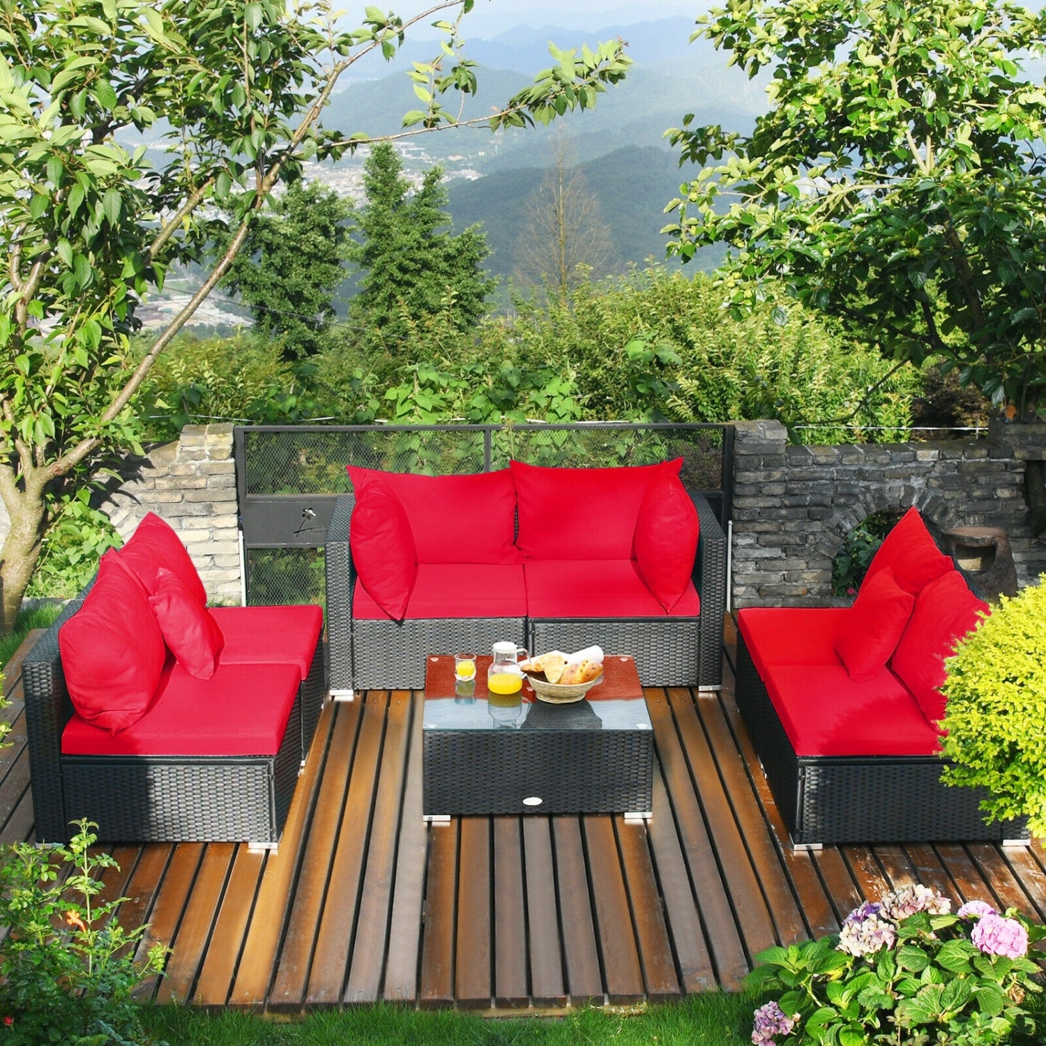 7-Piece Wicker Sectional Sofa Set, Tempered Glass Top, Red Outdoor Sectionals at Gallery Canada