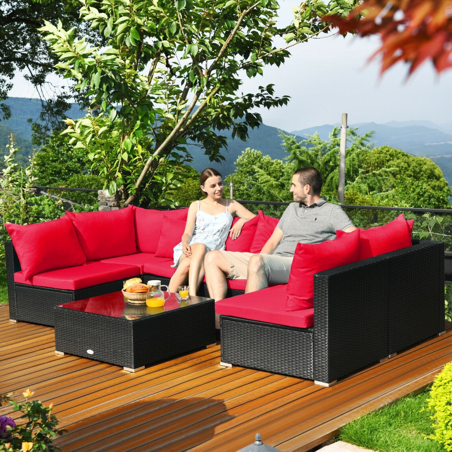 7-Piece Wicker Sectional Sofa Set, Tempered Glass Top, Red Outdoor Sectionals at Gallery Canada