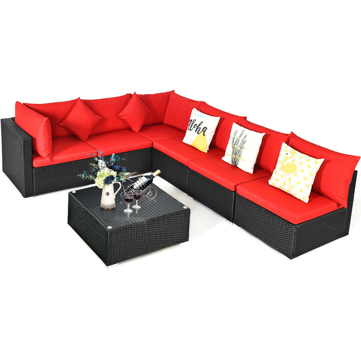 7-Piece Wicker Sectional Sofa Set, Tempered Glass Top, Red Outdoor Sectionals at Gallery Canada