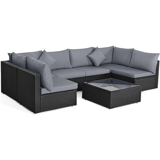 7-Piece Wicker Sectional Sofa Set With Tempered Glass Coffee Table, Gray Outdoor Sectionals Gray at Gallery Canada