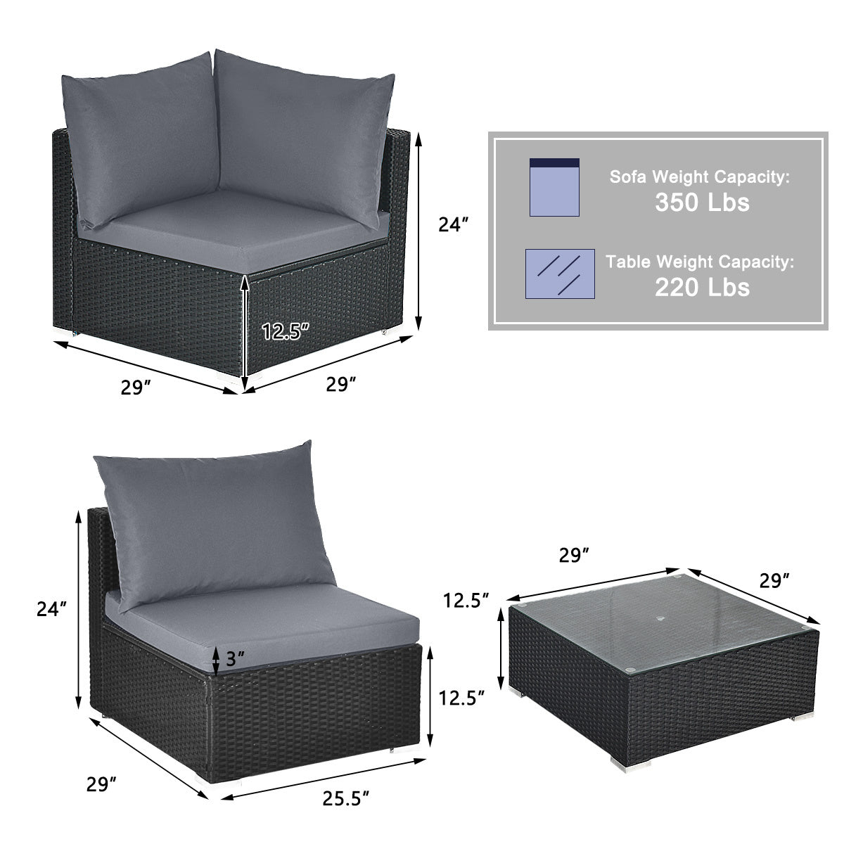 7-Piece Wicker Sectional Sofa Set With Tempered Glass Coffee Table, Gray Outdoor Sectionals at Gallery Canada